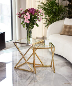 2-in-1 COFFEE TABLE SET, gold metal frame, transparent glass top, beautiful
