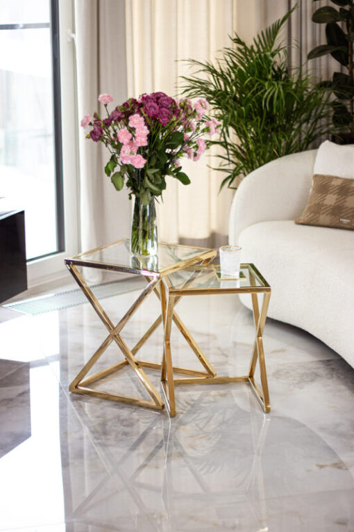 2-in-1 COFFEE TABLE SET, gold metal frame, transparent glass top, beautiful