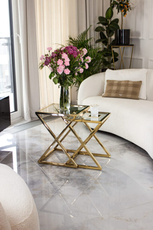 2-in-1 COFFEE TABLE SET, gold metal frame, transparent glass top, unique