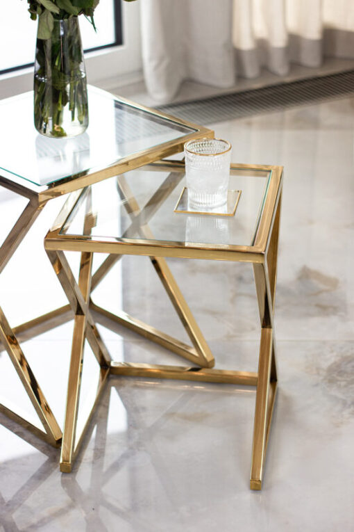 2-in-1 COFFEE TABLE SET, gold metal frame, transparent glass top, sophisticated