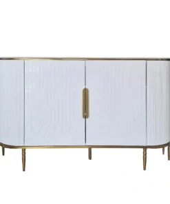 white fluted chest of drawers with gold metal details, sintered stone top, glamour