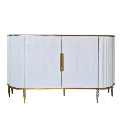 white fluted chest of drawers with gold metal details, sintered stone top, glamour