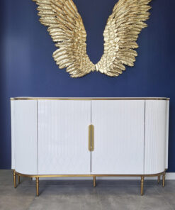 white chest of drawers, fluted with gold metal details, sintered stone top, glamorous, beautiful