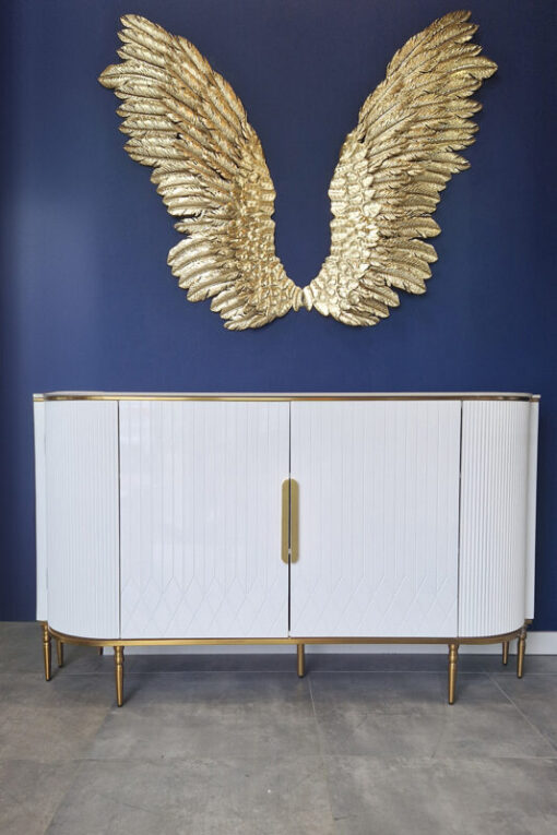 white chest of drawers, fluted with gold metal details, sintered stone top, glamorous, beautiful