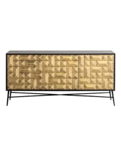 Chest of drawers on black metal legs, gold geometric front, glamour style, exclusive