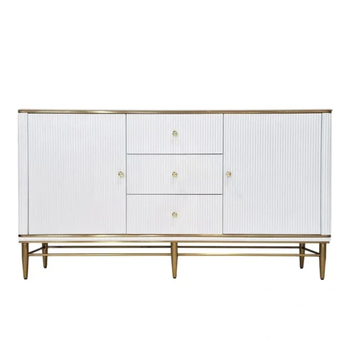 FLuted chest of drawers, white, gold metal details, sintered stone top, glamour style