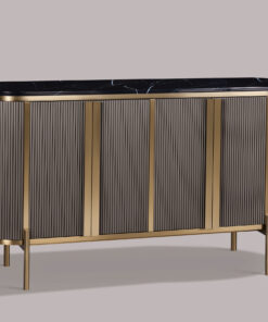 CROOM with black marble top, gold metal accents, fluted body, glamorous, beautiful