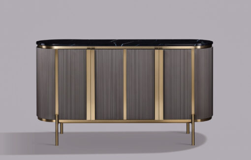 CROOM with black marble top, gold metal accents, fluted body, glamour