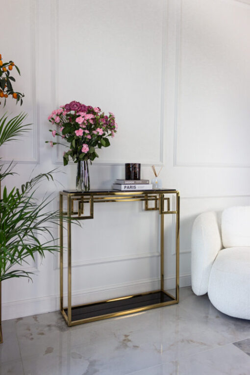 CONSOLA Astoria gold black with shelf, glamour style, high gloss