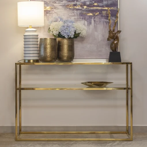 CONSOLA BRISTOL gold glass with shelf modern classic style, modern