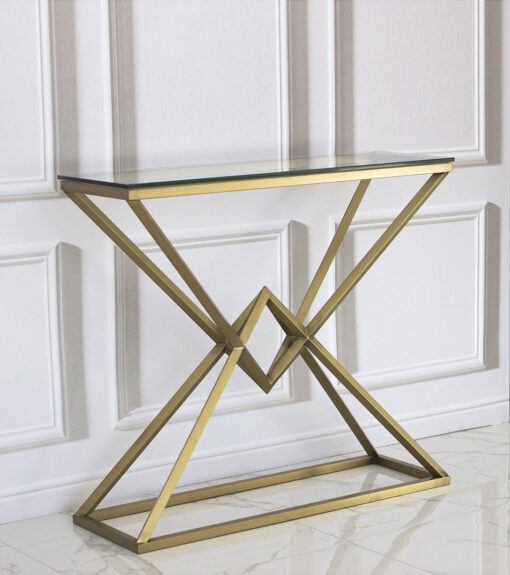 Grand brass console, narrow, glass top, glamour style