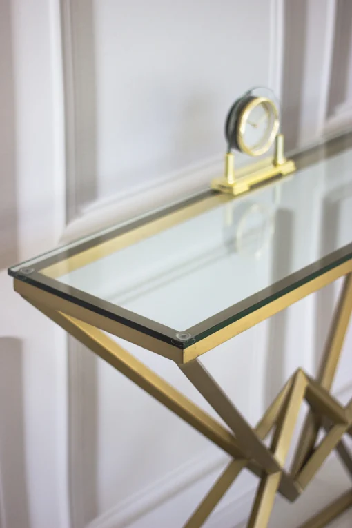 CONSOLA Grand brass, narrow, glass top, glamour style, unique