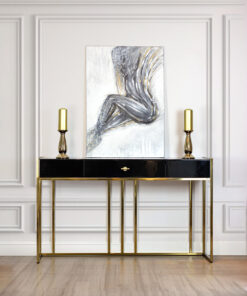 CONSOLVE with one drawer, gold frame, black body in high gloss, glamour style