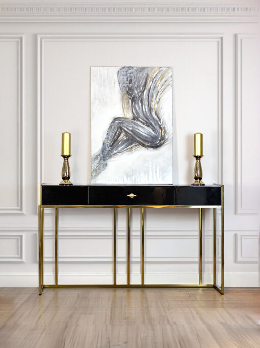 CONSOLVE with one drawer, gold frame, black body in high gloss, glamour style