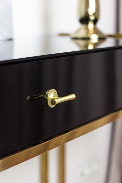 CONSOLVE with one drawer, gold frame, black body in high gloss, glamour style, exclusive