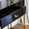 CONSOLVE with one drawer, gold frame, black body in high gloss, glamour style, beautiful