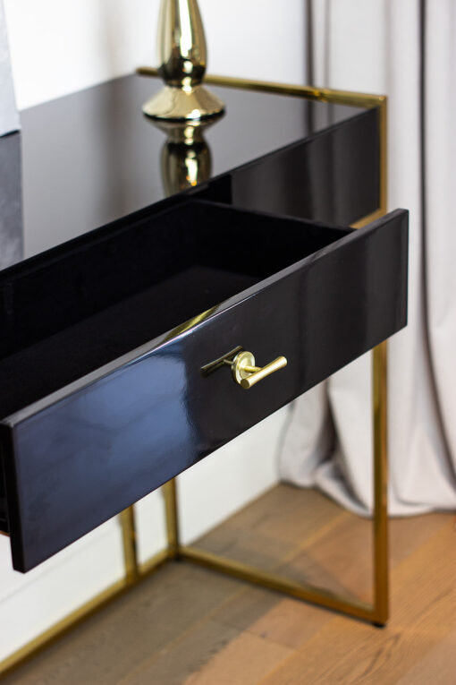 CONSOLVE with one drawer, gold frame, black body in high gloss, glamour style, beautiful