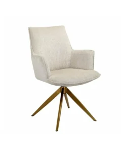 Swivel chair with light beige chenille fabric, gold base, modern