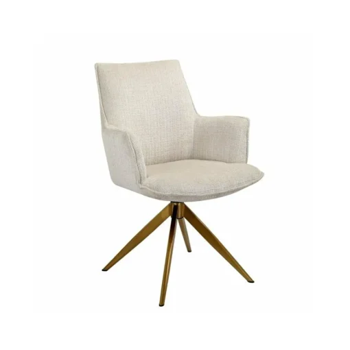 Swivel chair with light beige chenille fabric, gold base, modern