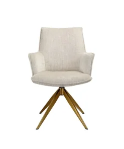 Swivel chair with light beige chenille fabric, gold base, modern, unique