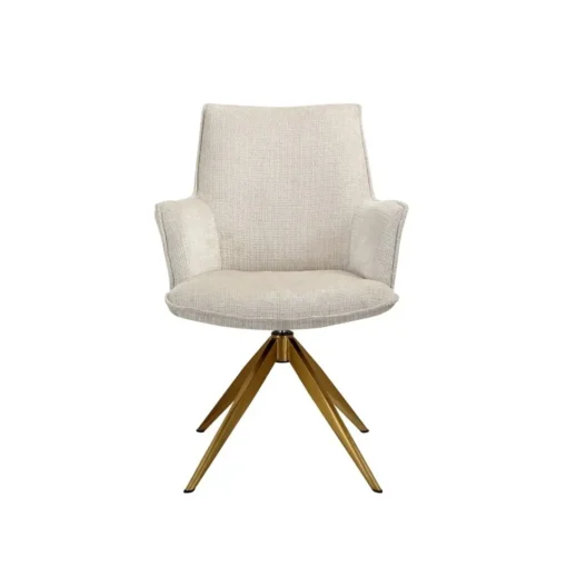 Swivel chair with light beige chenille fabric, gold base, modern, unique