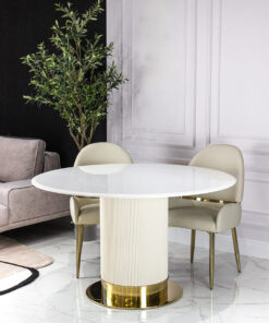 Round dining table, light beige, fluted base, gold metal details, modern