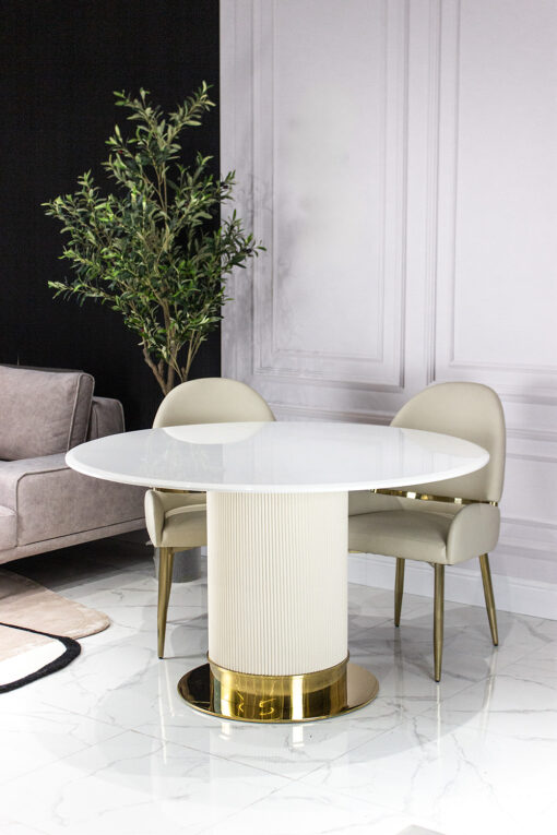 Round dining table, light beige, fluted base, gold metal details, modern