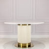 Round dining table, light beige, fluted base, gold metal details, unique