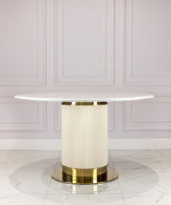 Round dining table, light beige, fluted base, gold metal details, unique