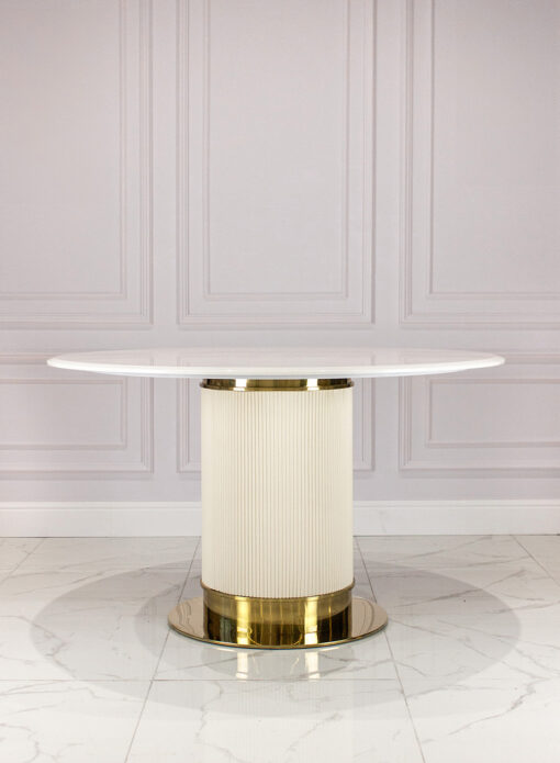 Round dining table, light beige, fluted base, gold metal details, unique