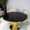 Dining table round on gold designer base, black imitation marble top, glamour, for dining room