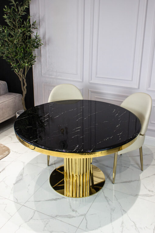 Dining table round on gold designer base, black imitation marble top, glamour, for dining room