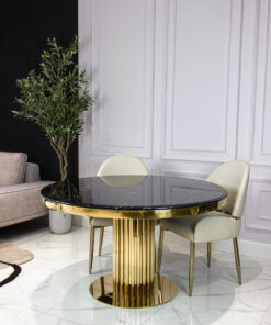 Round dining table on gold designer base, black imitation marble top, glamour, for living room