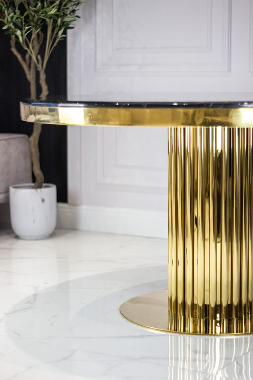 Round dining table on gold designer base, black imitation marble top, glamour, exclusive