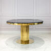 Round dining table on gold designer base, black imitation marble top, glamour, exclusive