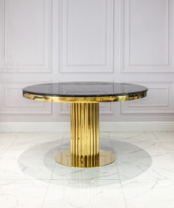 Round dining table on gold designer base, black imitation marble top, glamour, exclusive