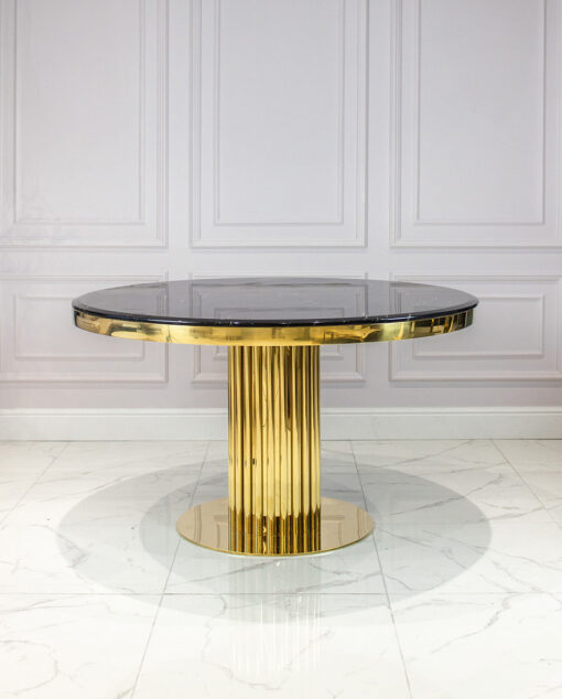 Round dining table on gold designer base, black imitation marble top, glamour, exclusive