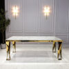 Dining table rectangular, white, marble top, gold legs, glamour