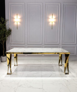 Dining table rectangular, white, marble top, gold legs, glamour