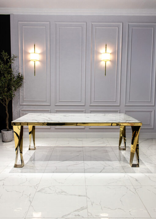 Dining table rectangular, white, marble top, gold legs, glamour