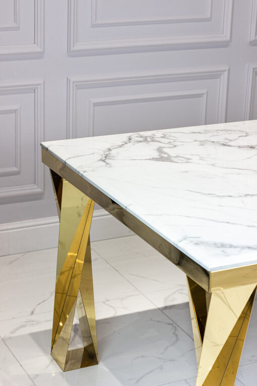 Dining table rectangular, white, marble top, gold legs, glamour, for living room