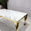 Dining table rectangular, white, marble top, golden legs, glamorous, elegant