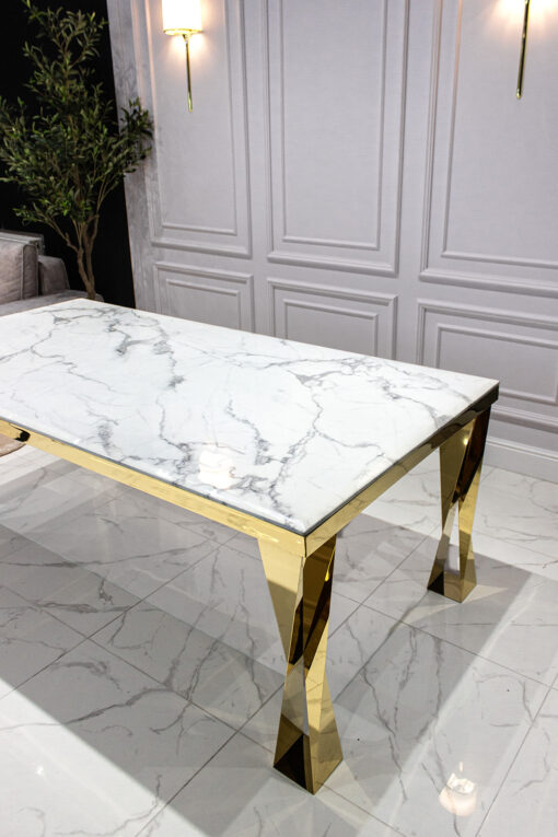 Dining table rectangular, white, marble top, golden legs, glamorous, elegant