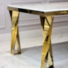 Rectangular dining table, white, marble top, gold legs, glamour, modern