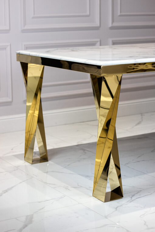 Rectangular dining table, white, marble top, gold legs, glamour, modern