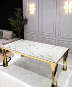 Dining table rectangular, white, marble top, gold legs, glamour, beautiful