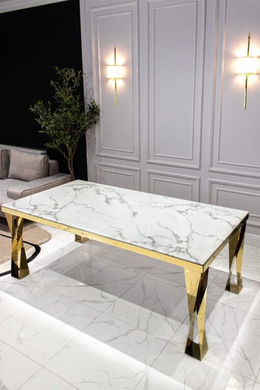 Dining table rectangular, white, marble top, gold legs, glamour, beautiful