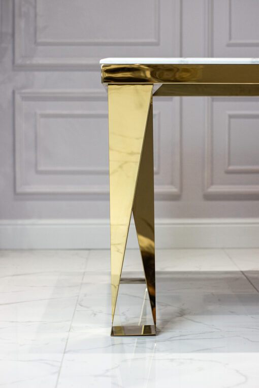 Rectangular dining table, white, marble top, gold legs, glamorous, sophisticated