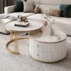 Coffee table double, fluted, white and gold, two drawers, round