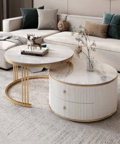 Coffee table double, fluted, white and gold, two drawers, round